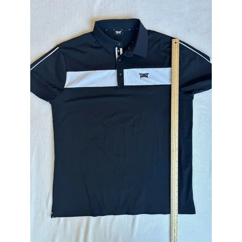 PXG Polo Shirt Mens Large Black White Performance Stretch Laser Cut Golf Preppy - Picture 9 of 9